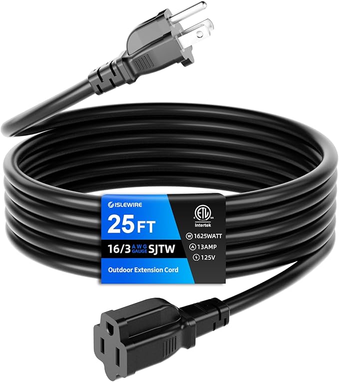 25 FT Outdoor Extension Cord Waterproof, 3-Prong Power Cord, 16 AWG SJTW by ISLEWIRE
