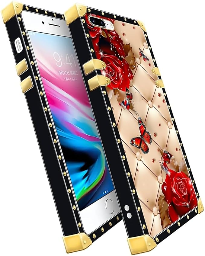 Compatible with iPhone 8 Plus 7 Plus Case, Shining Red Rose Butterfly Leather - Image 3