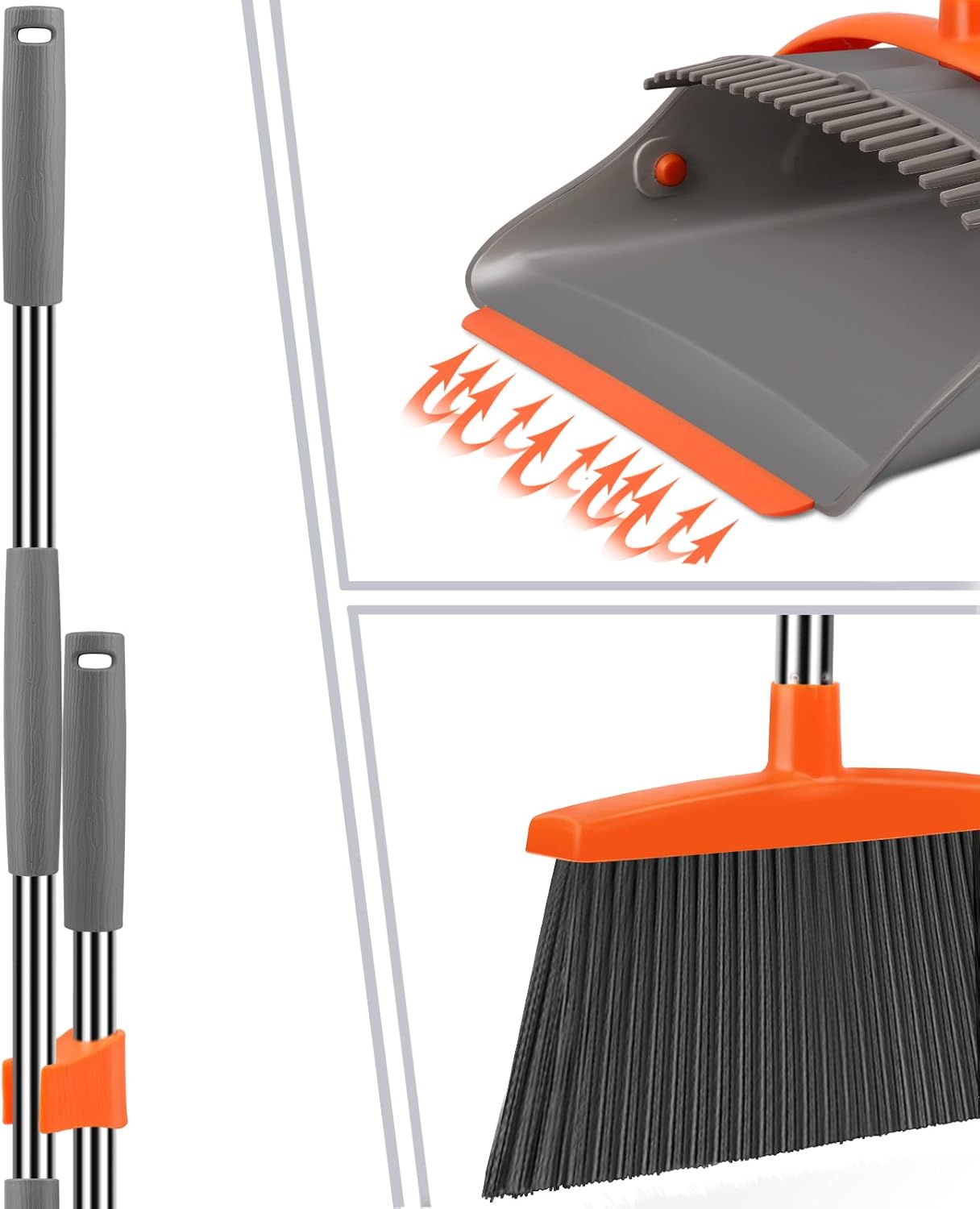 Broom and Dustpan Set for Home, Broom and Dustpan Combo for Office, Long Handle Broom with Upright Standing Dust pan,Indoor&Outdoor Sweeping (Gray&Orange)