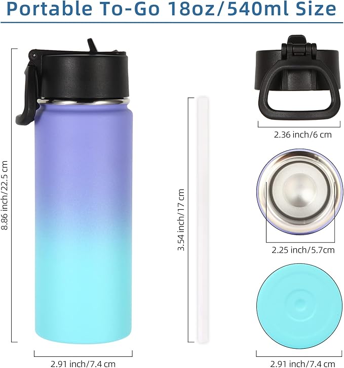 Volhoply 18oz Insulated Water Bottle Bulk 2 Pack, Kids Stainless Steel Water - Image 2