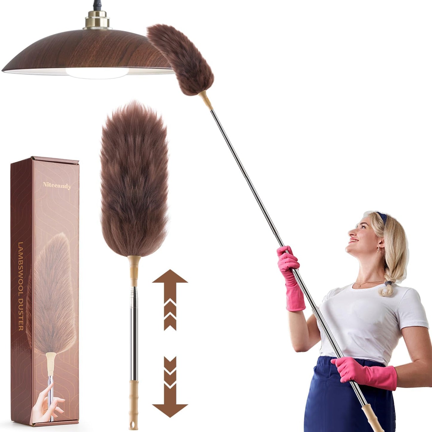 Extendable Lambswool Duster 30-100 Inch, Stainless Steel Long Handle Duster, Natural Feather Duster for Cleaning High Ceilings, Fans, Bookshelves, Interior, Cars