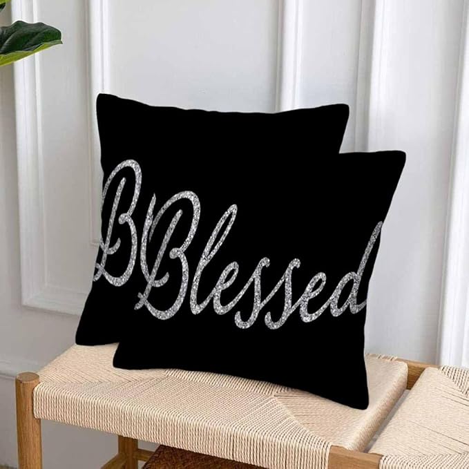 Bling Blessed White Throw Pillow Covers 18x18 Highlights Blessed Black Set of 2 - Image 4
