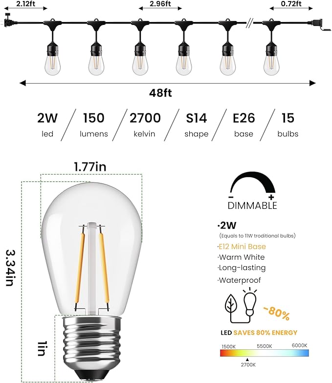 Svater 96 FT Outdoor String Lights 2W, Patio Light - Image 2