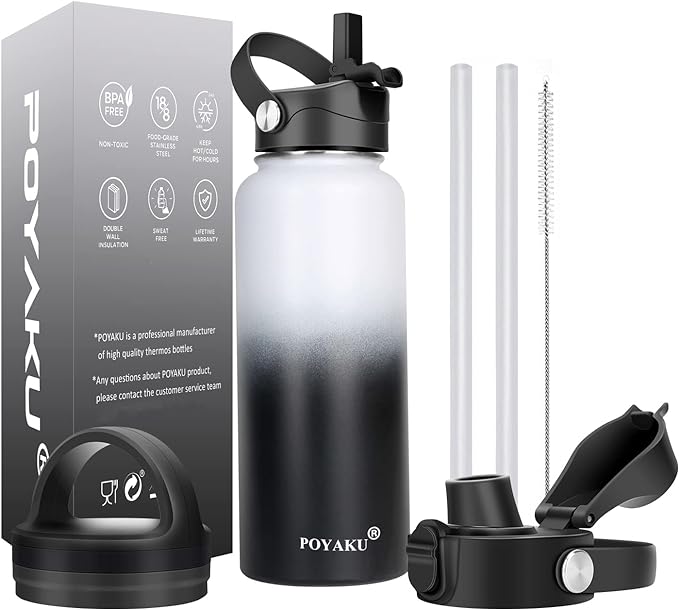 Water Bottle Insulated 32oz 40oz 64oz 128oz Straw Lid Spout Lid & 3 Lids by POYAKU