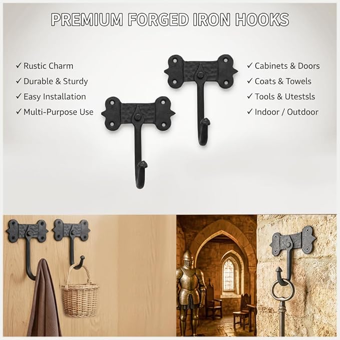 "Mystic Colonial Medieval Hand-Forged Iron Wall Hooks Set of 2 Rustic Coat - Image 9