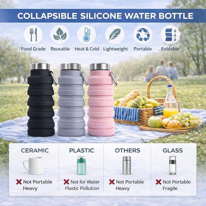 Collapsible Water Bottles, 16oz Portable Reusable Silicone Water Bottle - Image 3