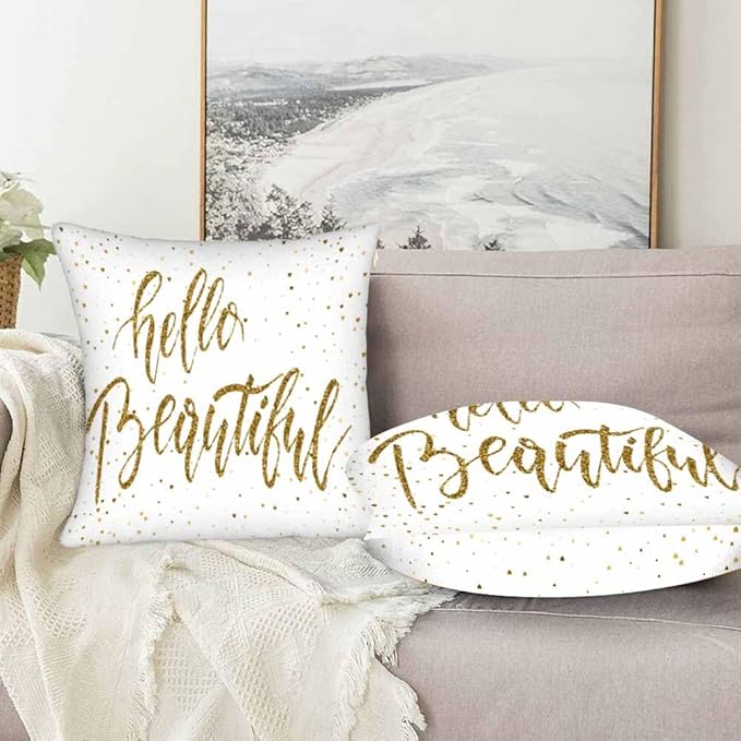 Hello Beautiful Bling Pillow Covers 18 X 18 Gold Glitter Motivational Quote Set - Image 5