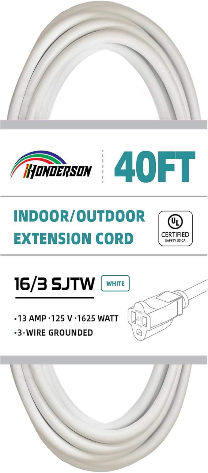 Indoor Outdoor Extension Cord Weatherproof, UL Listed, 16 Gauge 40FT White 3 by HONDERSON