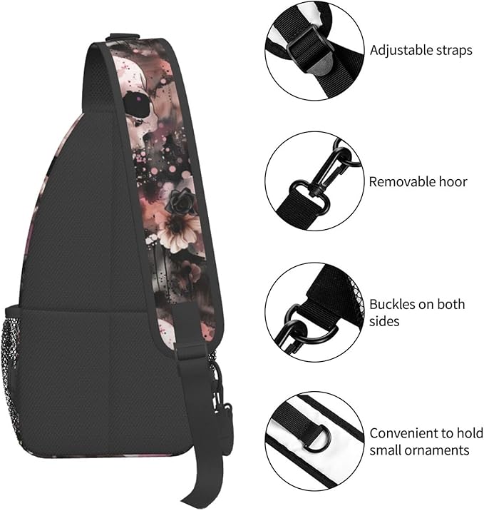 Flowers And Skulls Sling Bag For Women Men Halloween Backpack Crossbody Skull - Image 5