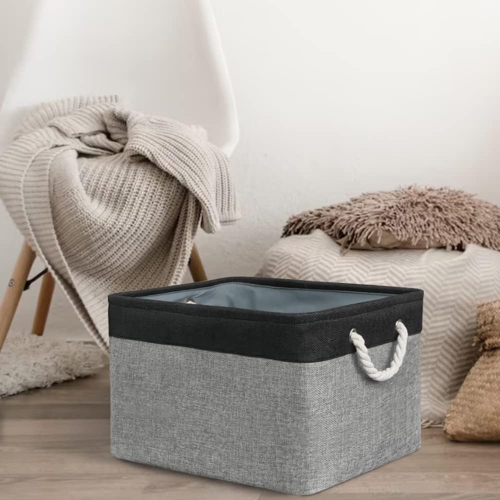 Organization and Storage Bins for Shelves - 17X15X12 inch 2 Pack Foldable Baskets for Organizing, Fabric Storage Cubes with Rope, Storage Box for Decorative Cloth (Black & Grey)