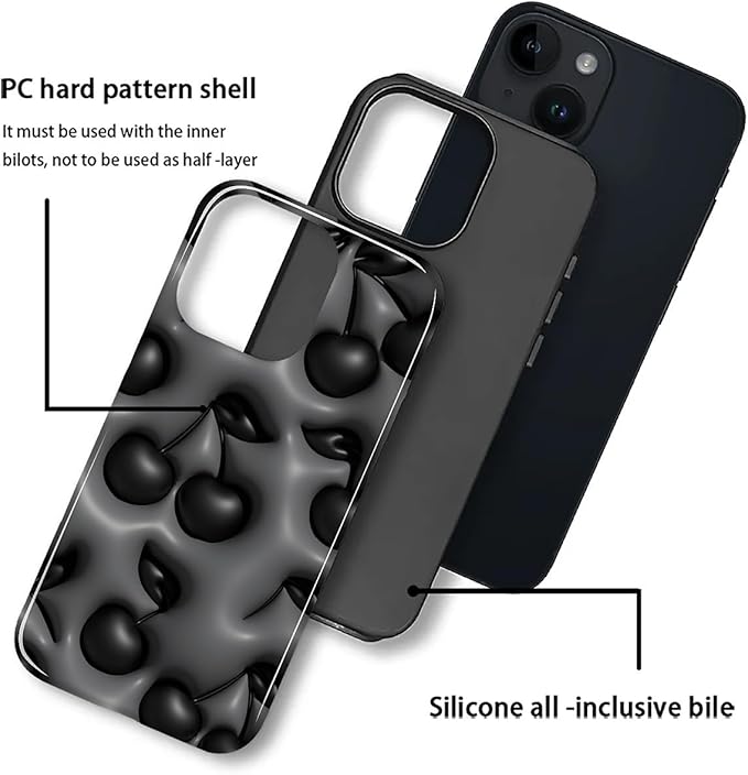 for iPhone 14 Plus Case, HL2 Cute Cool Cherry Black Hybrid 2 Layer Hard Shell - Image 3