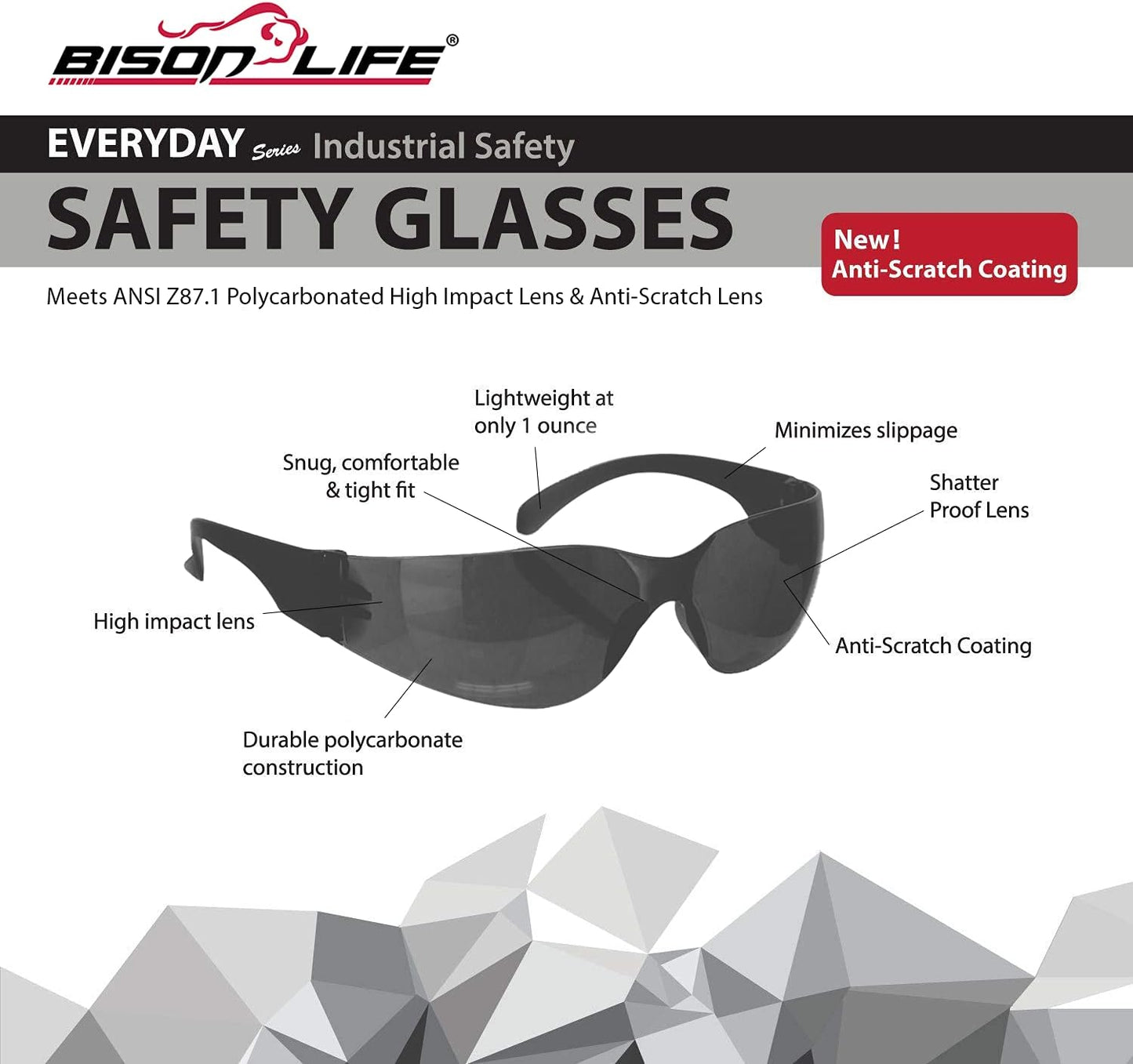 BISON LIFE Safety Glasses - Scratch Resistant Wrap Around Eyewear, Polycarbonate ANSI Z87.1 Impact Resistant Lens