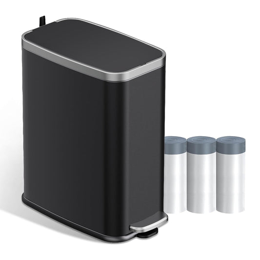 Stainless Steel Bathroom Trash Can with Lid Soft Close,1.6 Gallon Slim Garbage can,Small Metal Step Wastebasket for Office, Bedroom, Toilet, Black