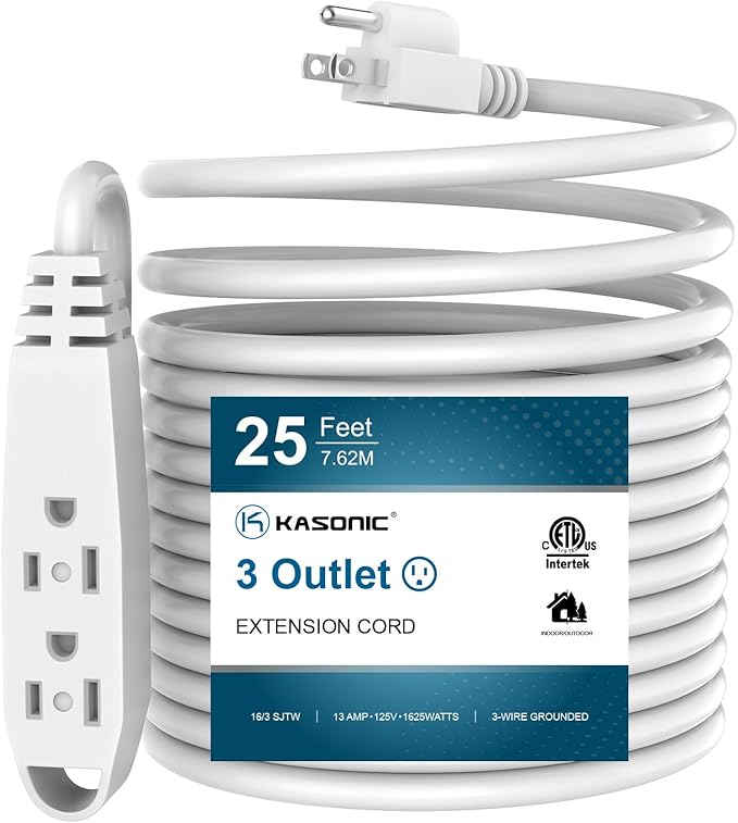 K KASONIC - 25-Feet 3 Outlet Extension Cord, UL Listed, 16/3 SJTW 3-Wire by KASONIC