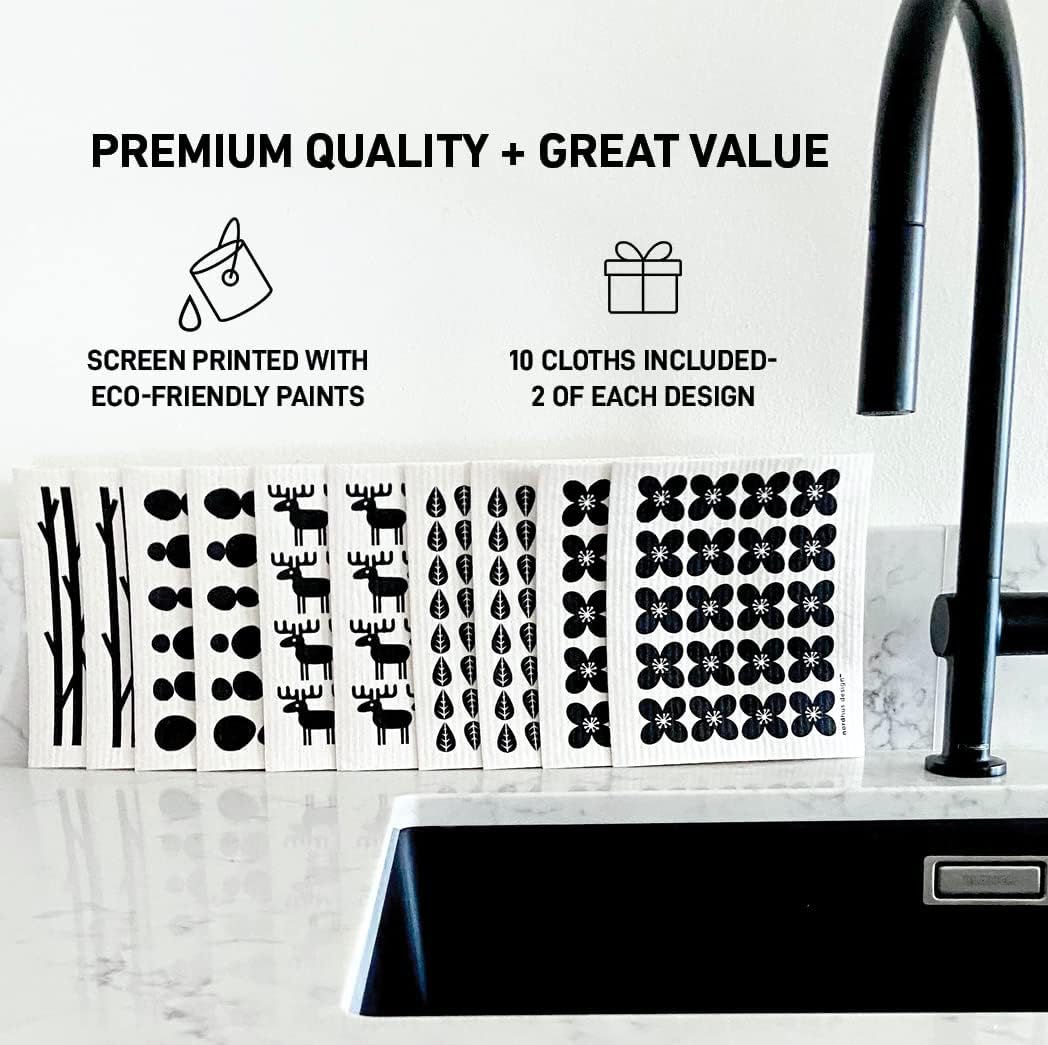 Nordhus Design Swedish Dishcloths, 10 Cloths, Made in Sweden - Reusable, Washable Cellulose Cotton Kitchen Cloths - Replace Paper Towels, Wipes, Sponges, Dish Rags