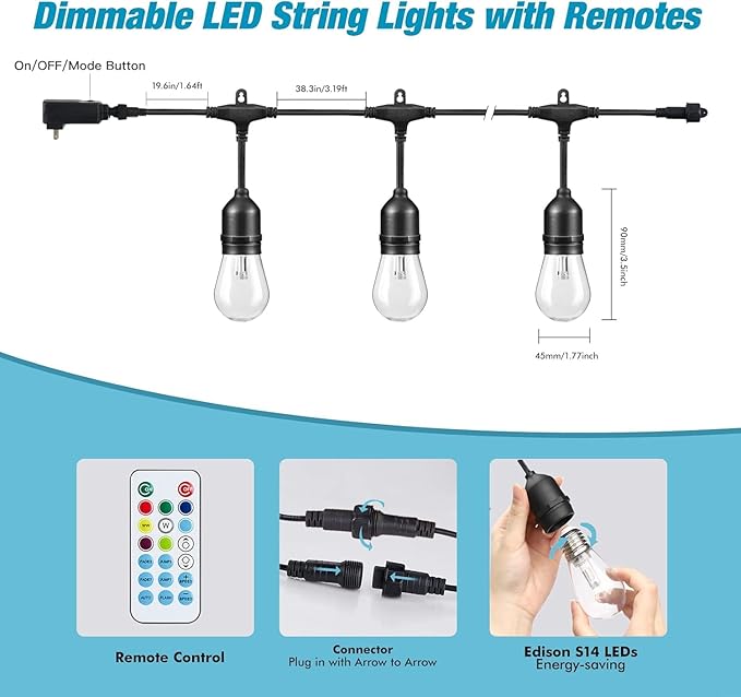 Auroraworld 96FT RGB Outdoor String Lights, Dimmable Color Changing Waterproof - Image 6