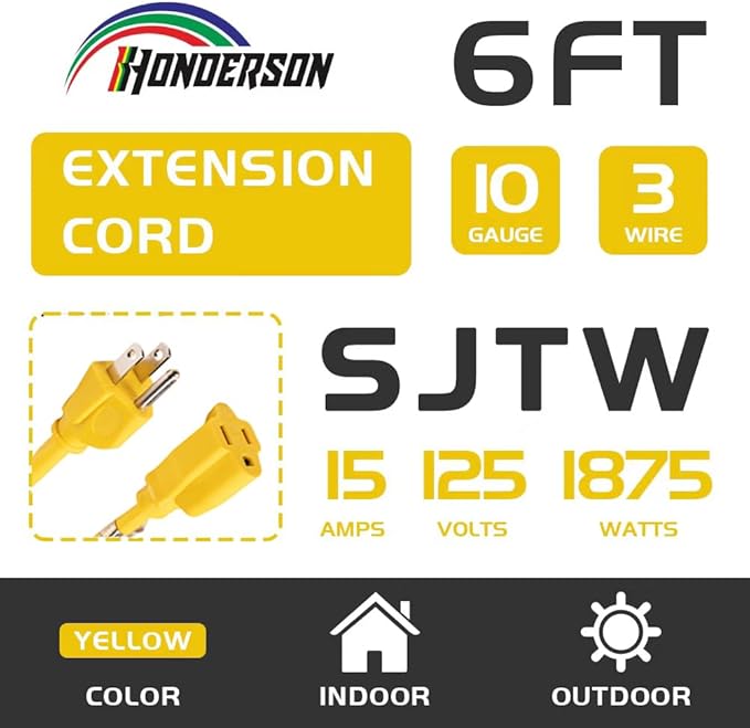 Indoor Outdoor Extension Cord Weatherproof, UL Certified, 10 Gauge 6FT Yellow 3 - Image 2
