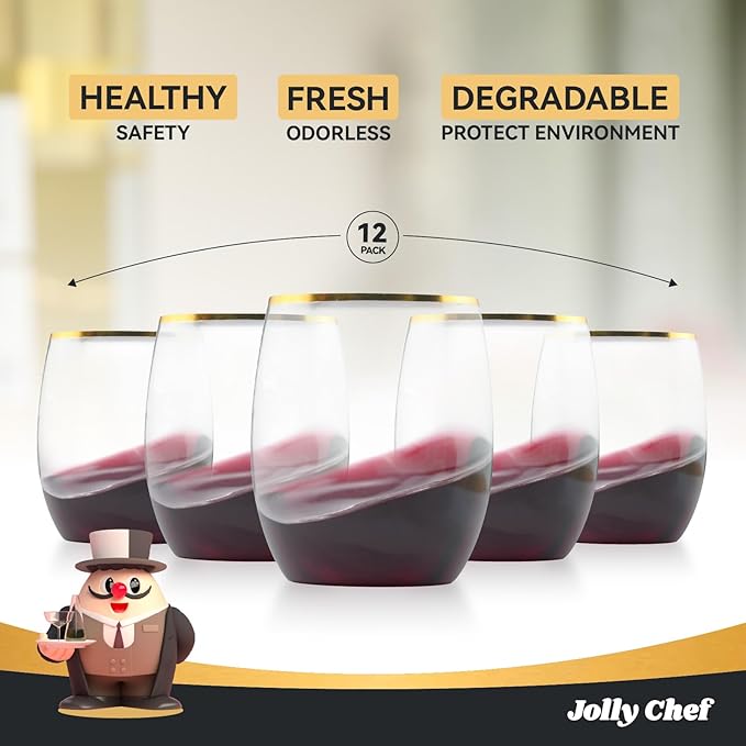 JOLLY CHEF 12 Pack 12oz Gold Plastic Wine Glasses Stemless, Unbreakable - Image 5