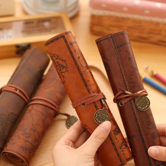 Cabilock Roll up Pencil Case Vintage Map Pu Leather Pencil Pouch Organizer - Image 3