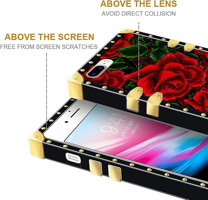 Compatible with iPhone 8 7 SE Case, Vector Red Rose Green Leaf Luxury Golden - Image 6