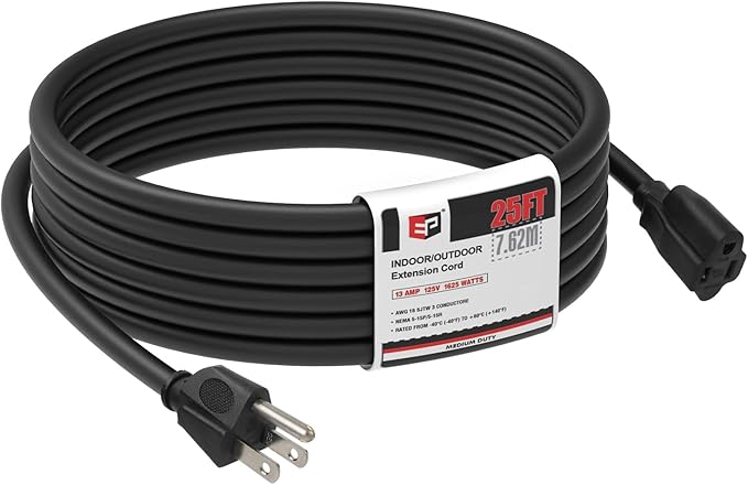 EP 25FT Black Outdoor Extension Cord, 16/3 SJTW Heavy Duty Waterproof, 3 Prong by ENERGYPRO