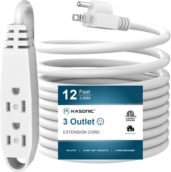 K KASONIC - 12-Feet 3 Outlet Extension Cord, UL Listed, 16/3 SJTW 3-Wire by KASONIC