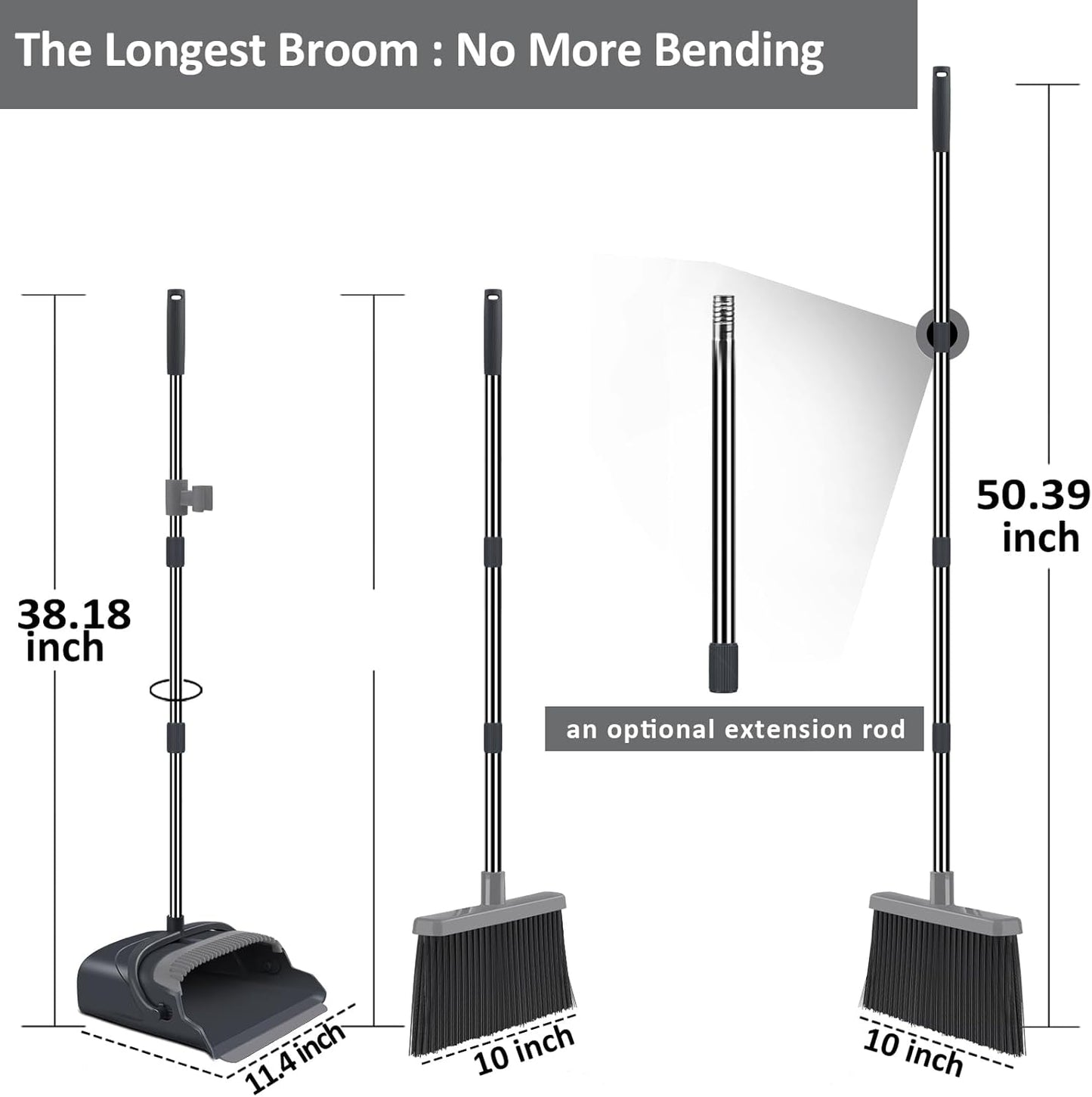 kelamayi Broom and Dustpan Set for Home, Office, Indoor&Outdoor Sweeping, Stand Up Broom and Dustpan (Black&Gray)