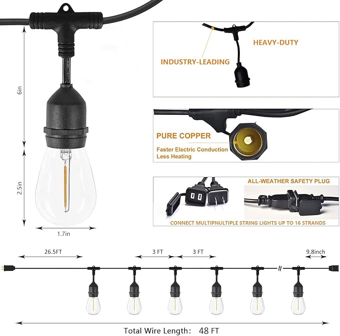 Outdoor String Light 48FT LED Heavy-Duty Patio Lights String Linkable - Image 3
