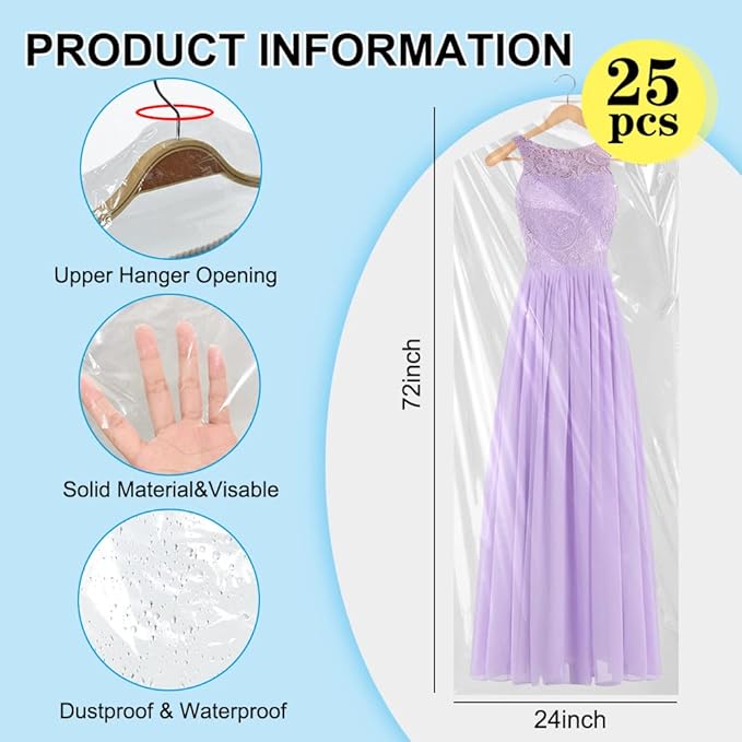 BEISHIDA 25PCS 72 Inch Plastic Garment Bag-Plastic Clear Dry Cleaner Laundry - Image 2