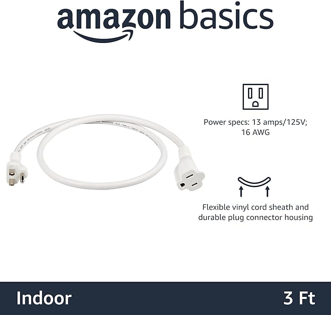 Amazon Basics Extension Cord, 3 Ft, 3-Prong Outlet Extender, Indoor Use - Image 2