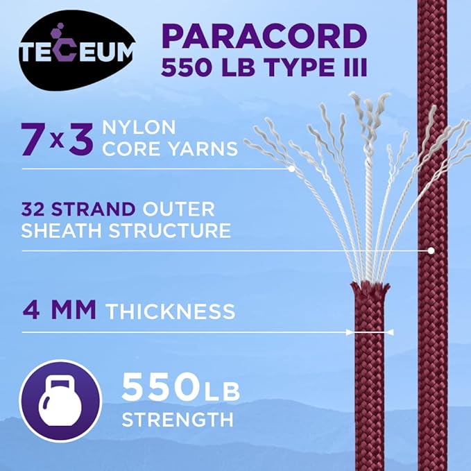 TECEUM Paracord Type III 550 Burgundi – 100 ft – 4mm – Tactical Rope MIL-SPEC – - Image 2