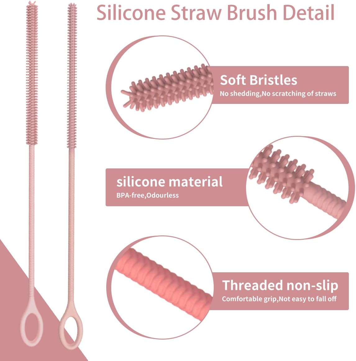 4PCS Silicone Straw Cleaner Brush, Reusable Straw Brush Extra Long for Cleaning Glass Metal Smoothie Straws and Cups, Non-Slip Handle Soft and Bendable, 2 PCS 6mm+2 PCS 9mm, Pink