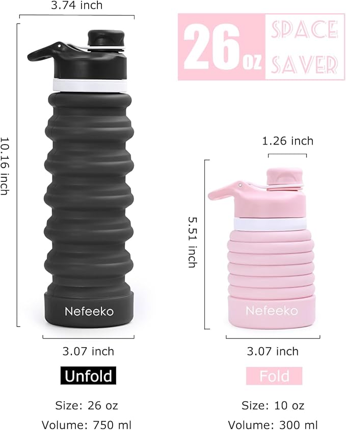 Nefeeko Collapsible Water Bottle, 26oz Silicone Foldable Water Bottles - Image 3