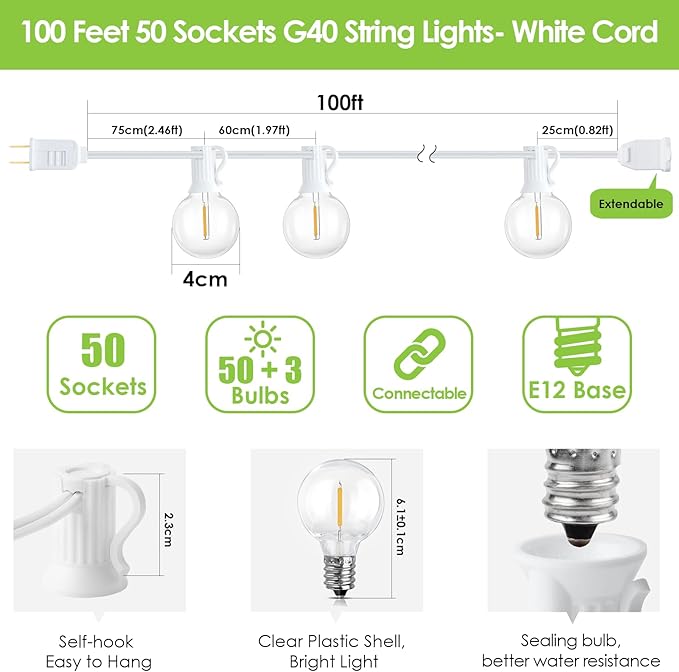 Mlambert 100Ft LED Outdoor String Lights, Dimmable Waterproof G40 Globe Patio - Image 4