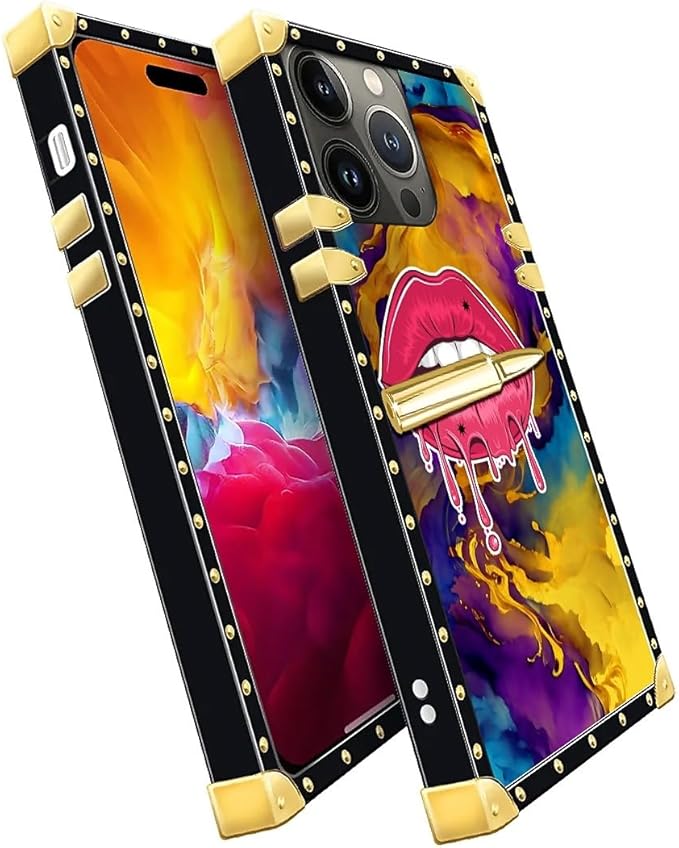 Compatible with iPhone 15 Pro Max Case, Cool Corlorful Lip Marble Luxury Golden - Image 3