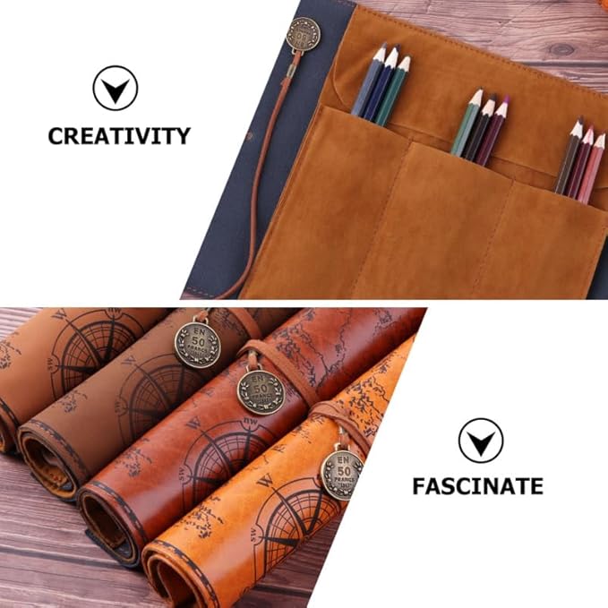 MAGICLULU Retro Treasure Map Roll up Pencil Case Leather Large Capacity Pencil - Image 5