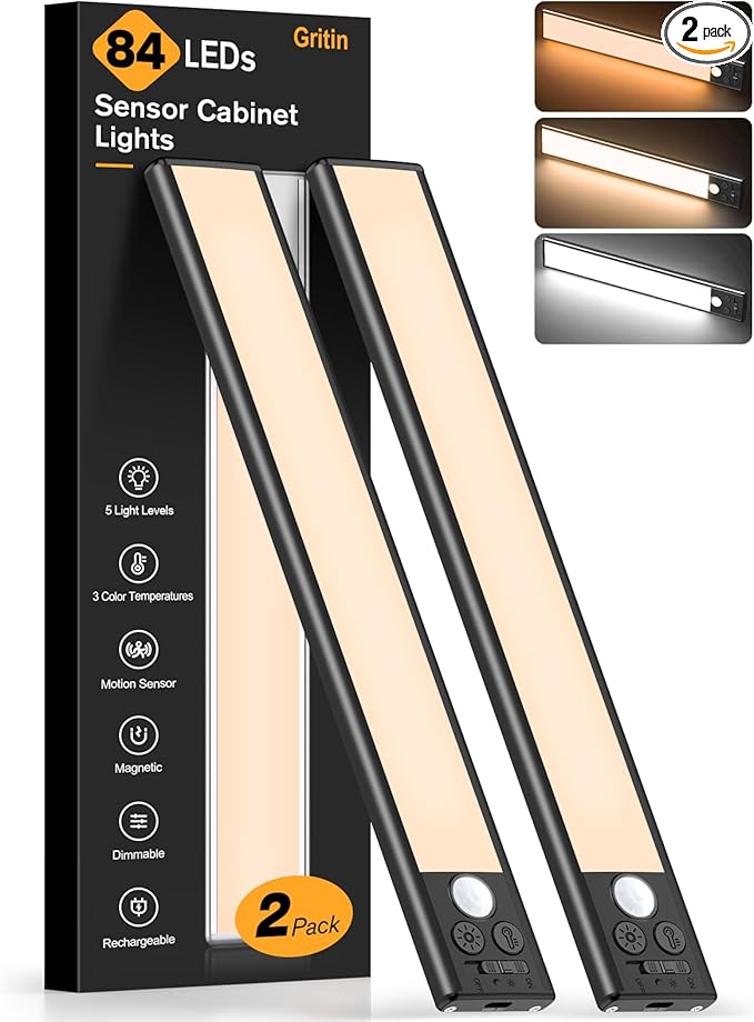 Gritin 10.2inch Under Cabinet Lighting Rechargeable 2 Pack- 3 Color Temps&5 by Gritin