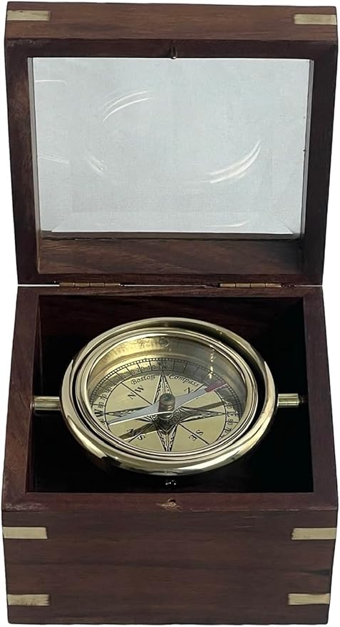 Brass Gimballed Compass in Wooden Box – Antique Nautical Decor & Functional - Image 3