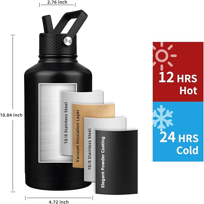 Insulated Water Bottle 64oz, Triple Wall Vacuum Stainless Steel, Leak Proof & - Image 2