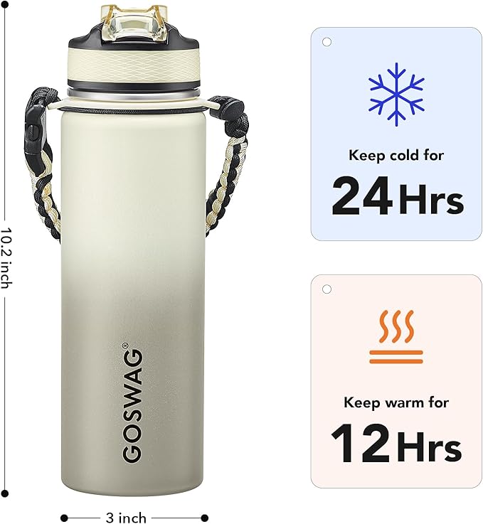 GOSWAG Insulated Sports Water Bottle, 24oz 2 Lids, Stainless Steel Water Bottles - Image 2