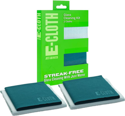 E-Cloth Window Cleaning Cloth - Eco Packaging - Glass Cleaning Cloth, Streak-Free Windows with Just Water, Microfiber Towel Kit for Windows, Car Windshield, Mirrors - Winter Green - 2pack