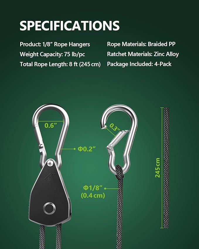 4-Pack 1/8" Adjustable Rope Hanger, Heavy Duty Ratchet Tie Down Strap - Image 6