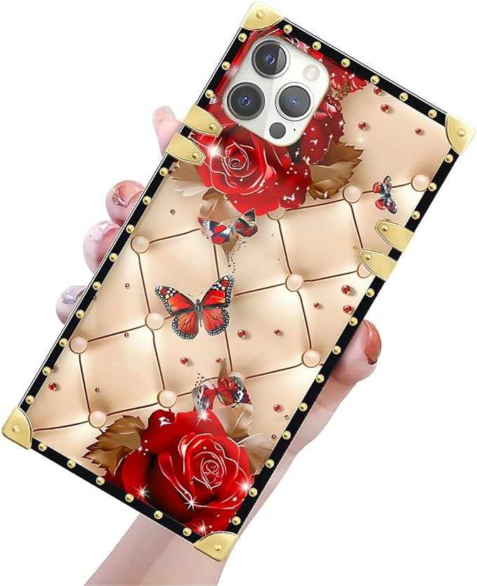 Compatible with iPhone 12 12 Pro Case, Shining Red Rose Butterfly Leather - Image 3