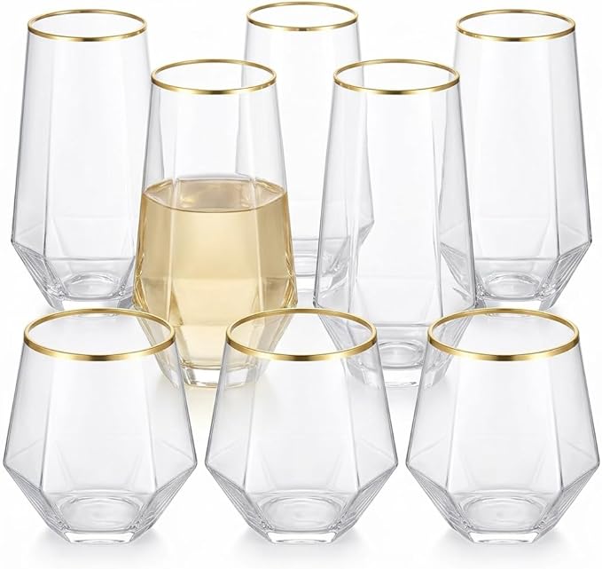 48 Pack Diamond Gold Rim Unbreakable Stemless Plastic Glasses 24 9oz Stemless by Oojami