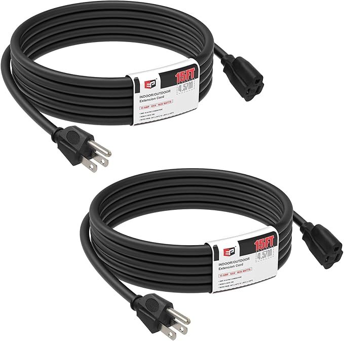 EP 2 Pack 15FT Black Outdoor Extension Cord, 16/3 SJTW Heavy Duty Waterproof by ENERGYPRO