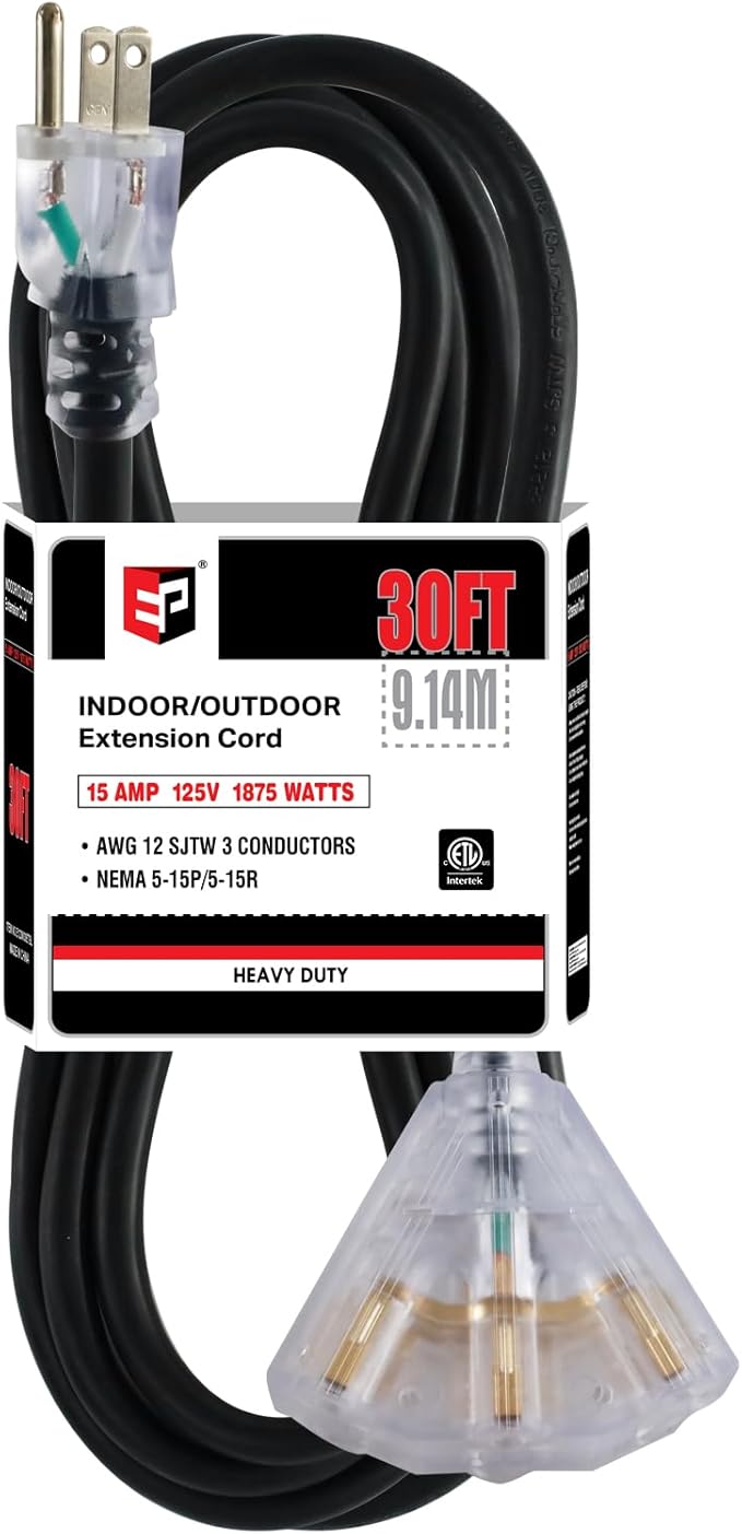 EP 30 Ft 12 Gauge Heavy Duty Extension Cord, 15A 125V 1875W, 3 Outlet by ENERGYPRO