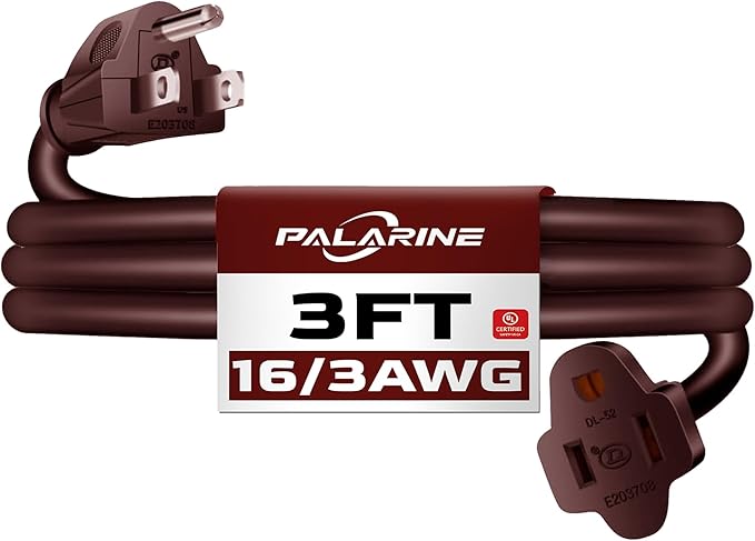 3ft Brown Extension Cord Waterproof, UL Listed, 16/3 SJTW Heavy Duty 3 Prong by PALARINE