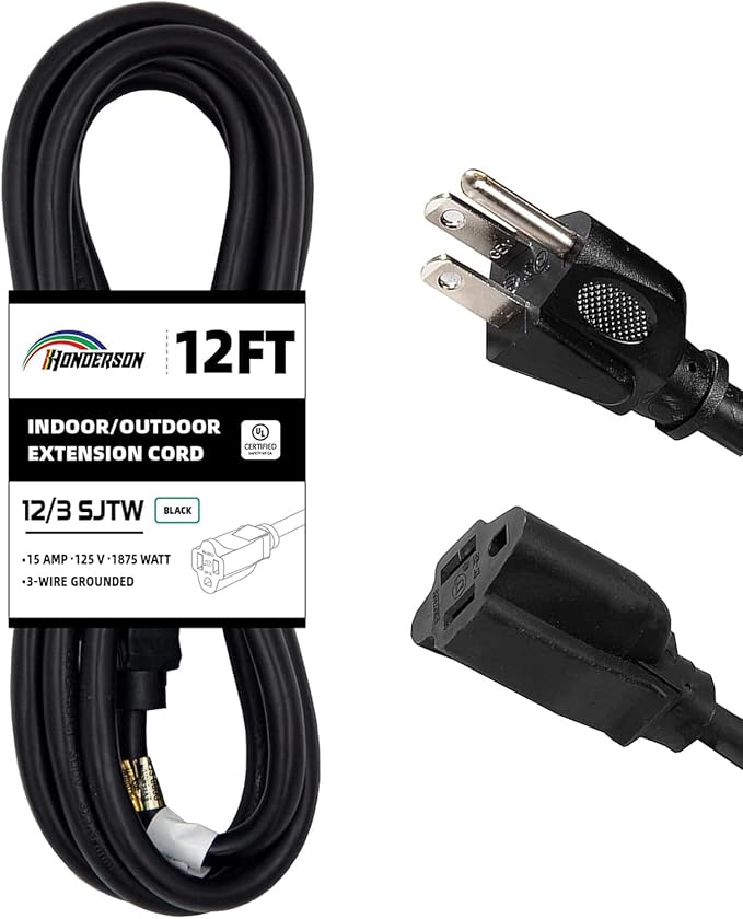 Indoor Outdoor Extension Cord Weatherproof, UL Certified, 12 Gauge 12FT Black 3 by HONDERSON