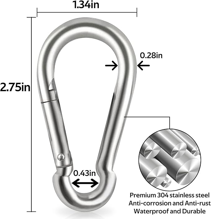 Locking Carabiner Clips, Stainless Steel Spring Snap Hook Locking Carabiner - Image 2