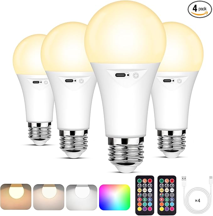 Yochoice 4-Pack Rechargeable Battery Powered Light Bulb, Dimmable A19 Light Bulb by Yochoice